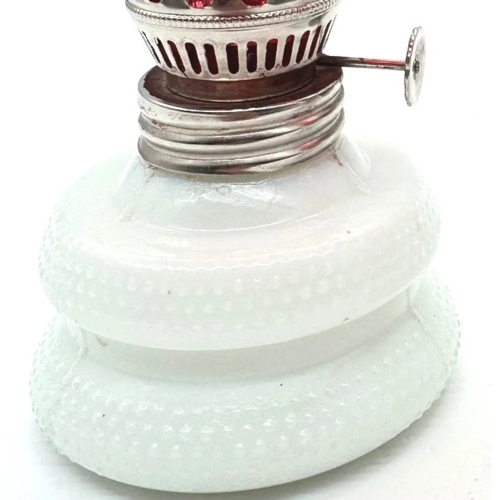 Vintage Miniature Oil Lamps Pair Ruby Red Fenton Style Milk Glass Hobnail 6.5